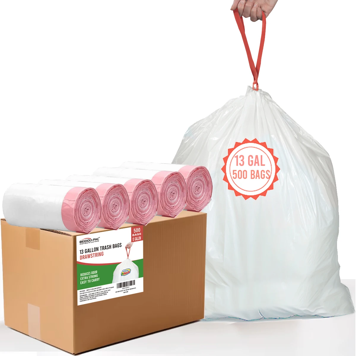 BEIDOU-PAC Tall Kitchen Drawstring Trash Bags 13 Gallon, 500 Count, Heavy Duty White & Unscented Can Liners