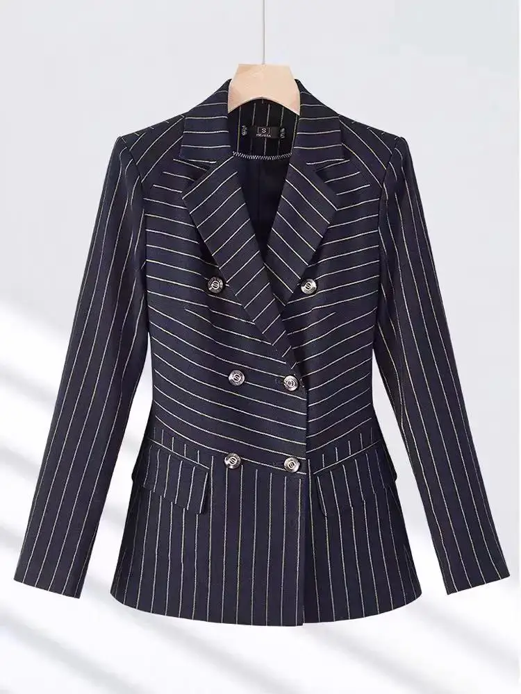 Fashion Autumn Winter Ladies Pant Suit Women Golden Striped Female Business Work Wear Blazer and Trouser Formal 2 Piece Set