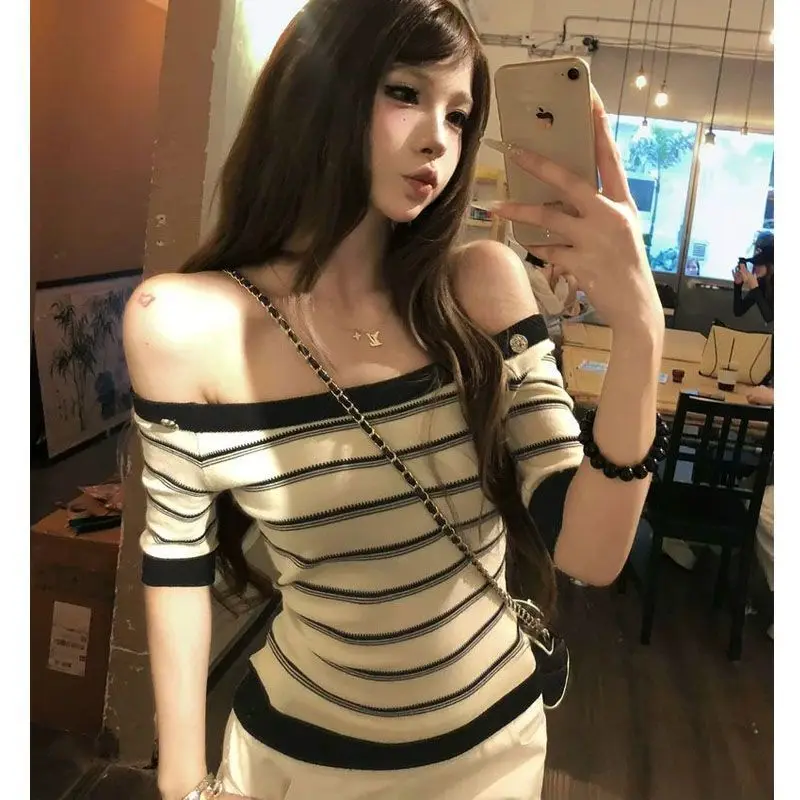 Women's 2026 Summer Ice Silk Off Shoulder Striped Knit Short Sleeve Top Slim Fit Korean Chic Y2K Hot Girl Streetwear
