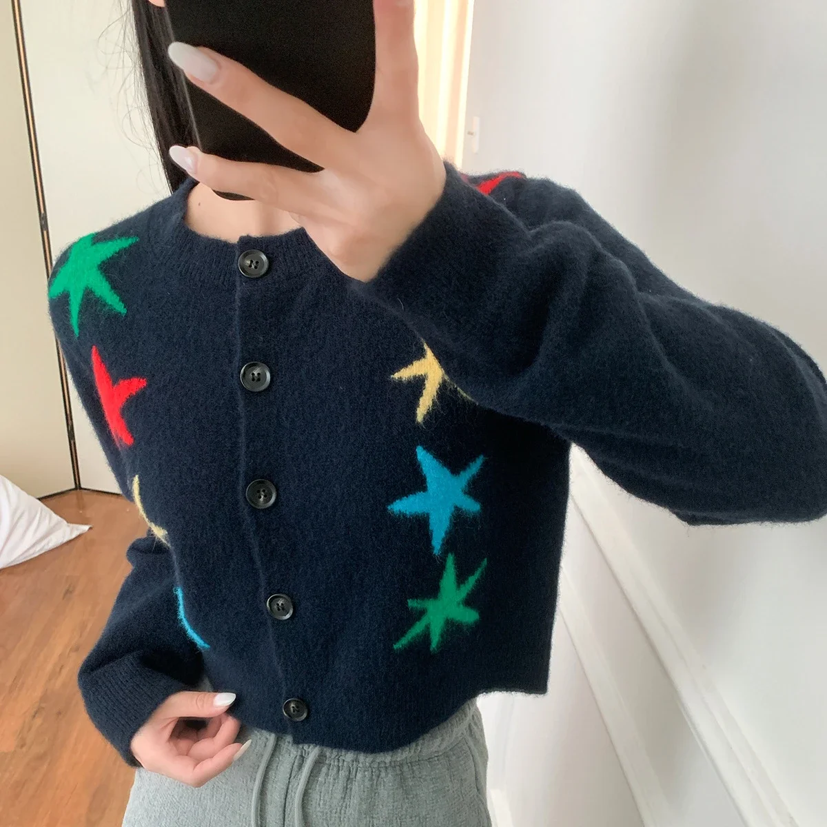 Women 2024 Autumn and Winter New Round Neck Star Intarsia Knitted Short Cardigan