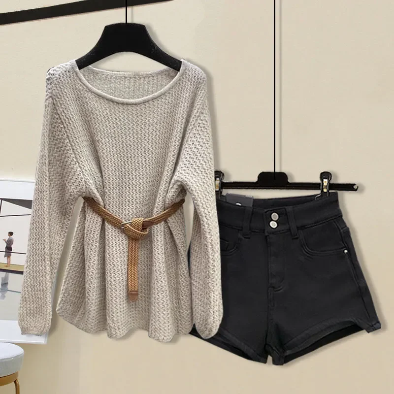 

Women's Spring Autumn Knit Pullover Tops Short Pants 1 or Two Piece Set New Lady Casual Hollow Out Sweater Trousers Outfits