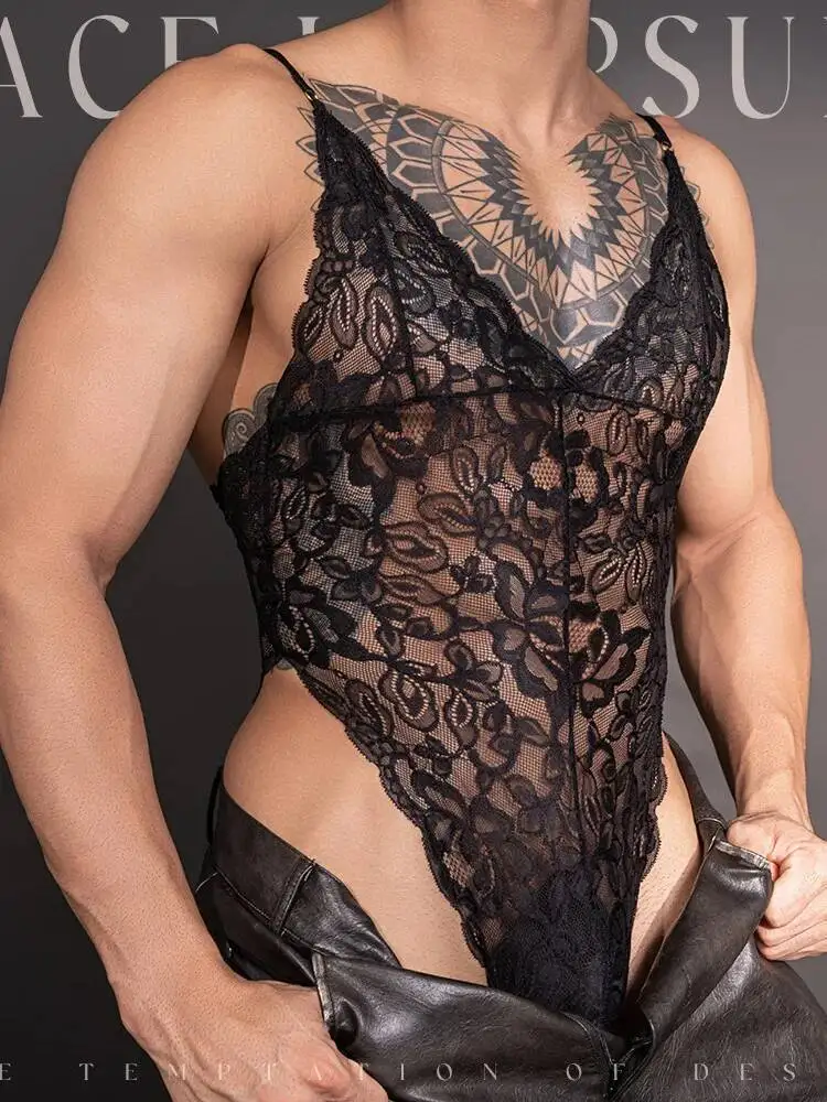 New Lace Trim Men's Sexy Bodysuits SM Sheer Hot Transvestite Sexy Bodysuits Backless Deep V Suspenders Sleeveless Bodysuits PBVQ