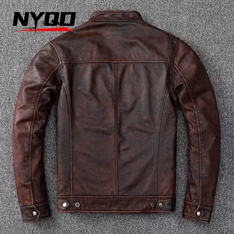 large size Leather Jacket for Mens Top Layer Cowhide Retro Distressed Stand Up Collar Motorcycle Leather Jacket מעיל אופנוע