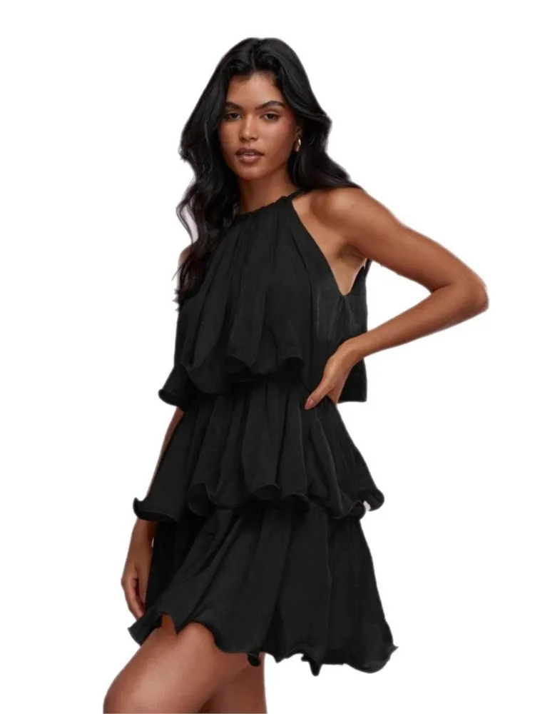 Vestidos para mujer feminino boêmio elegante em camadas plissado mini vestido sem mangas halter pescoço vestido de festa plissado roupa de férias