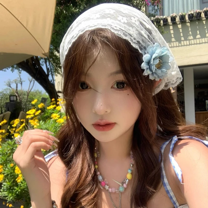 الدانتيل الفرنسي مثلث الشعر وشاح النساء الفتيات الربيع الصيف الكورية رباط شعر وشاح حلو عقال النساء فتاة الحجاب غطاء الرأس #6