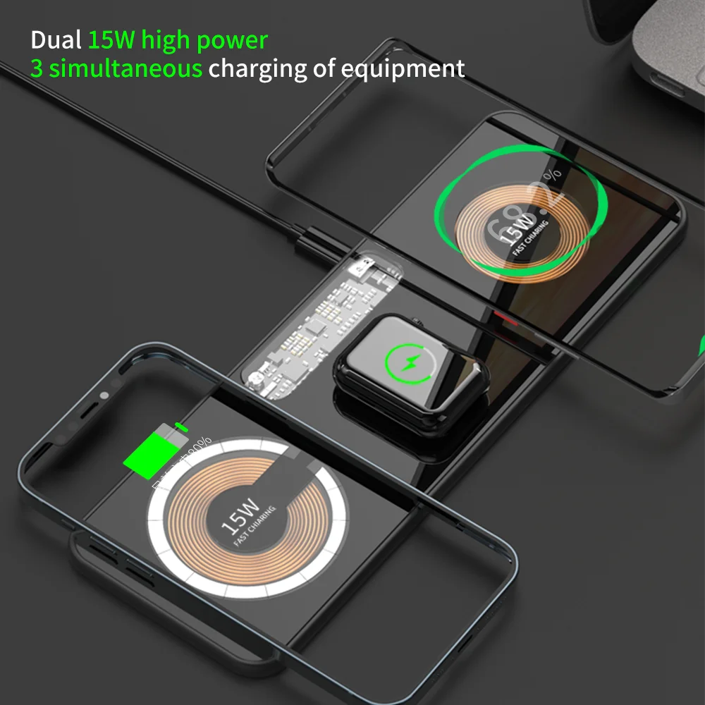 3 in 1 Dual 15W Wireless Charger Magnetic Aluminum Alloy Chassis Glass Panel Charger For iPhone 12 13 Samsung Xiaomi Mi Huawei