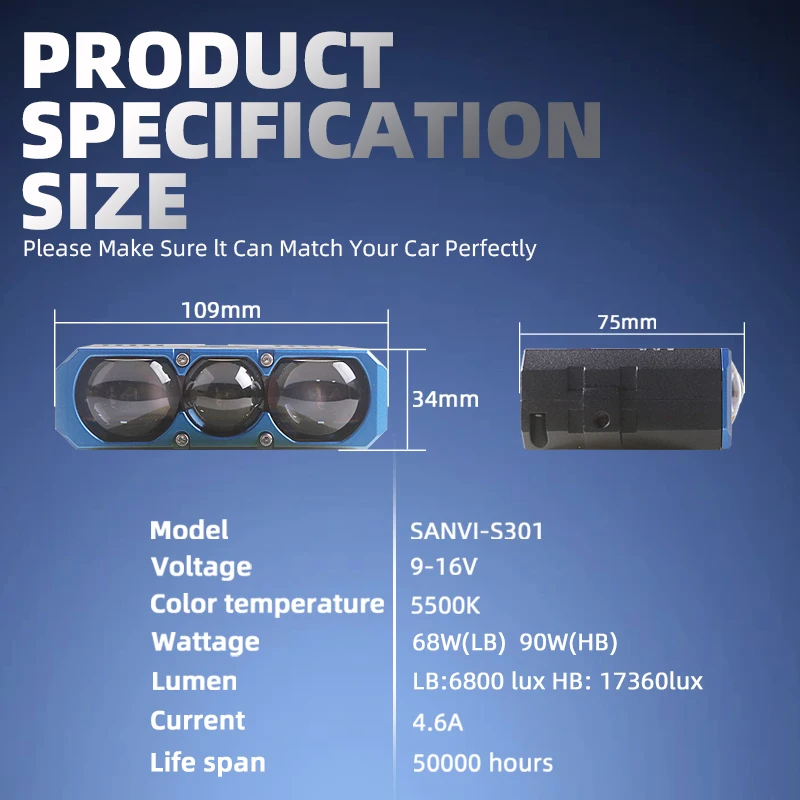 SANVI S301 프로젝터 LED 그릴 라이트 3렌즈 스포트라이트 자동차 오토바이 보조등 안개등 12V 96W 5500K 17360Lux 썸네일 6