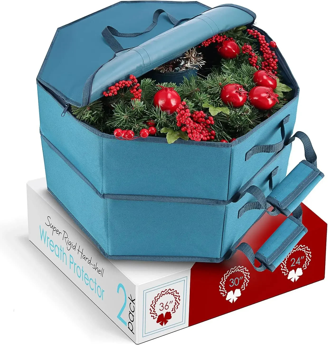 Container-Hard Shell Christmas Bag with Interior Pockets, Dual Zipper and Handles-Premium Wreath Storage Organizer Box