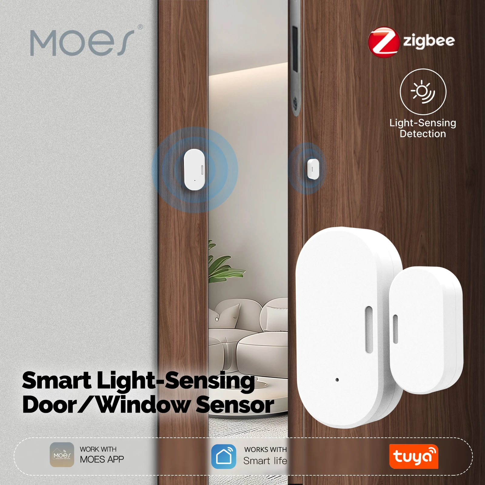 MOES Tuya Zigbee Smart Light-Sensing Door/Window Sensor, Wireless Open/Close APP Alert & Light Detection, Home Security