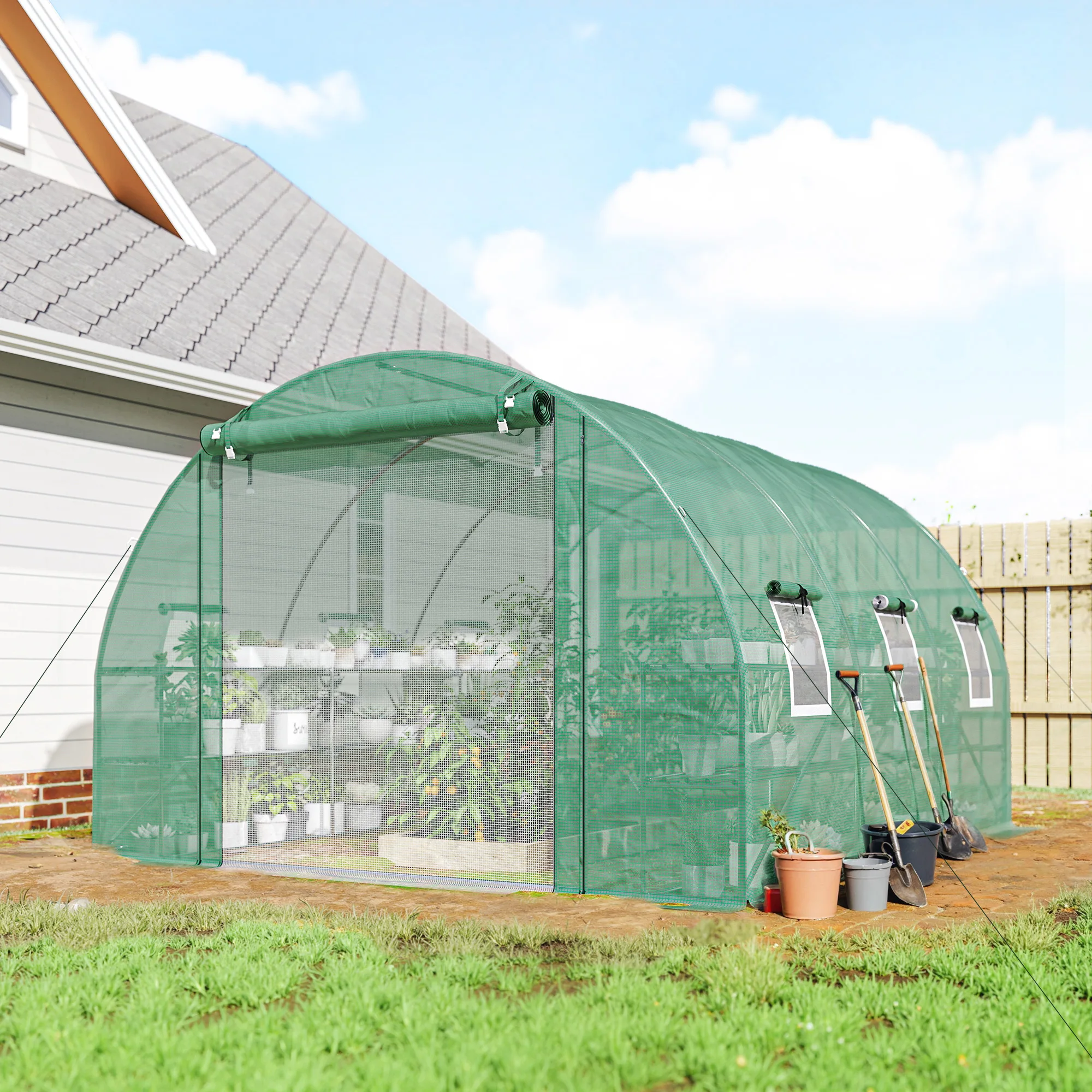 Outsunny Walk-In Tunnel Greenhouse with Shelf, Arch Greenhouse