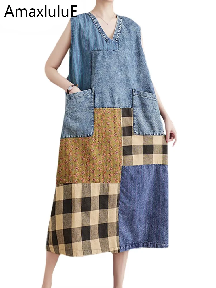 Amax luluE 2024 Summer Women Fashion Loose Plaid Denim Vest Dress Vintage Long Sleeveless V Neck Vestidos Ladies Casual Clothes