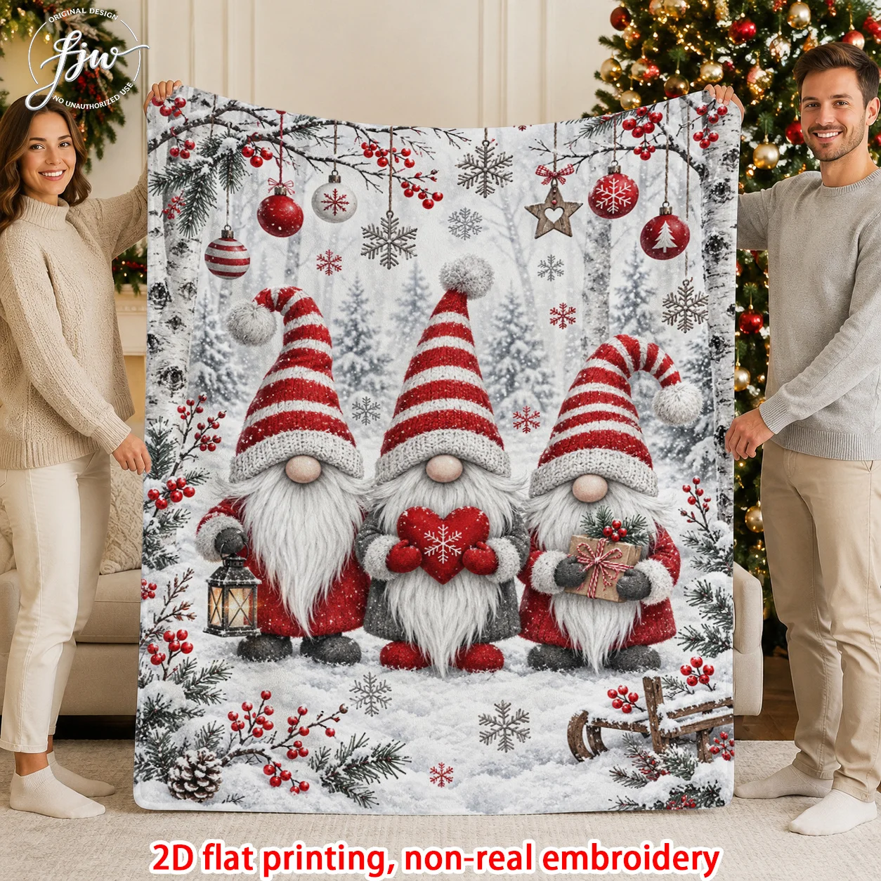 Christmas Gnome Winter Forest Print Throw Blanket Snowy Scene with Ornament Snowflake Berry Element Soft Lightweight Decor