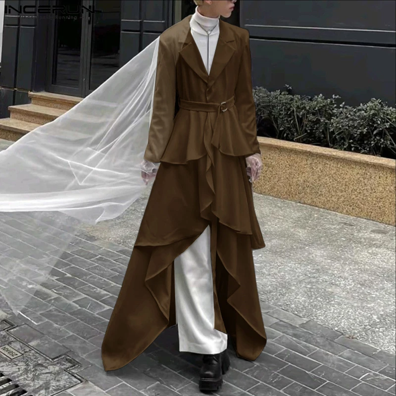 

INCERUN Men Irregular Blazer Solid Color Lapel Long Sleeve Casual Suit Men Streetwear 2025 Ruffle Fashion Male Long Style Blazer