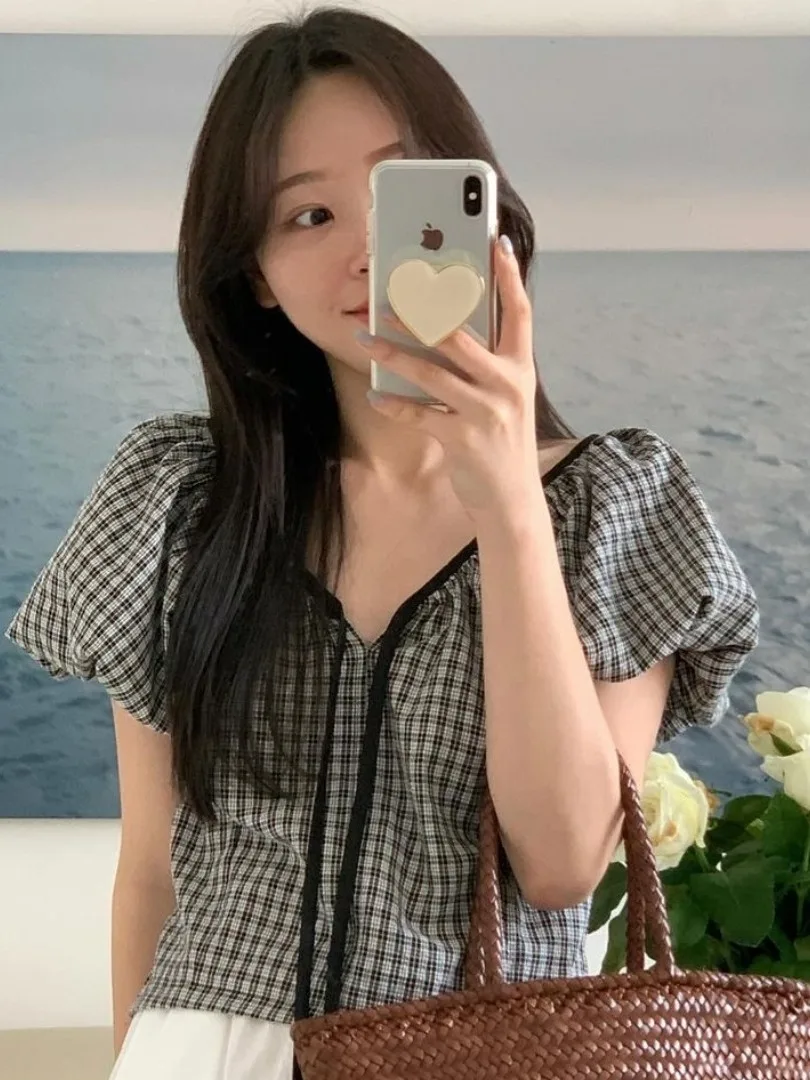 

Retro Plaid V-Ne Tie irt Women's Design Sensation Top Trendy Summer New Arrival Dongda Gate ort Sve Bubble Sve