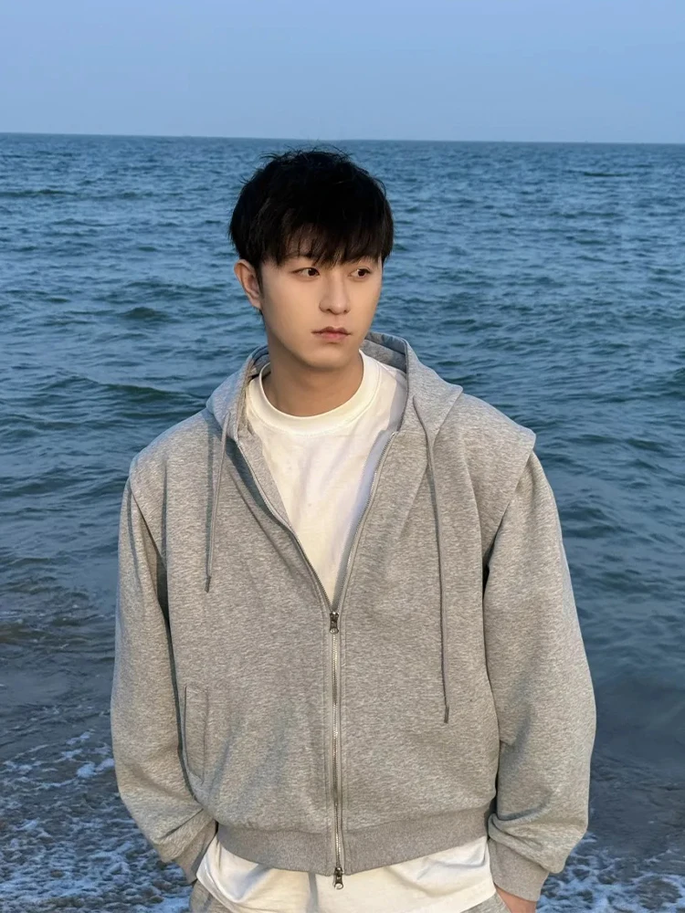 

American Sle Fake Two-Piece Hoodie Men's Autumn Winter Heavyweight Hardwearing ort oulder Pad Zipper Cardigan Jaet