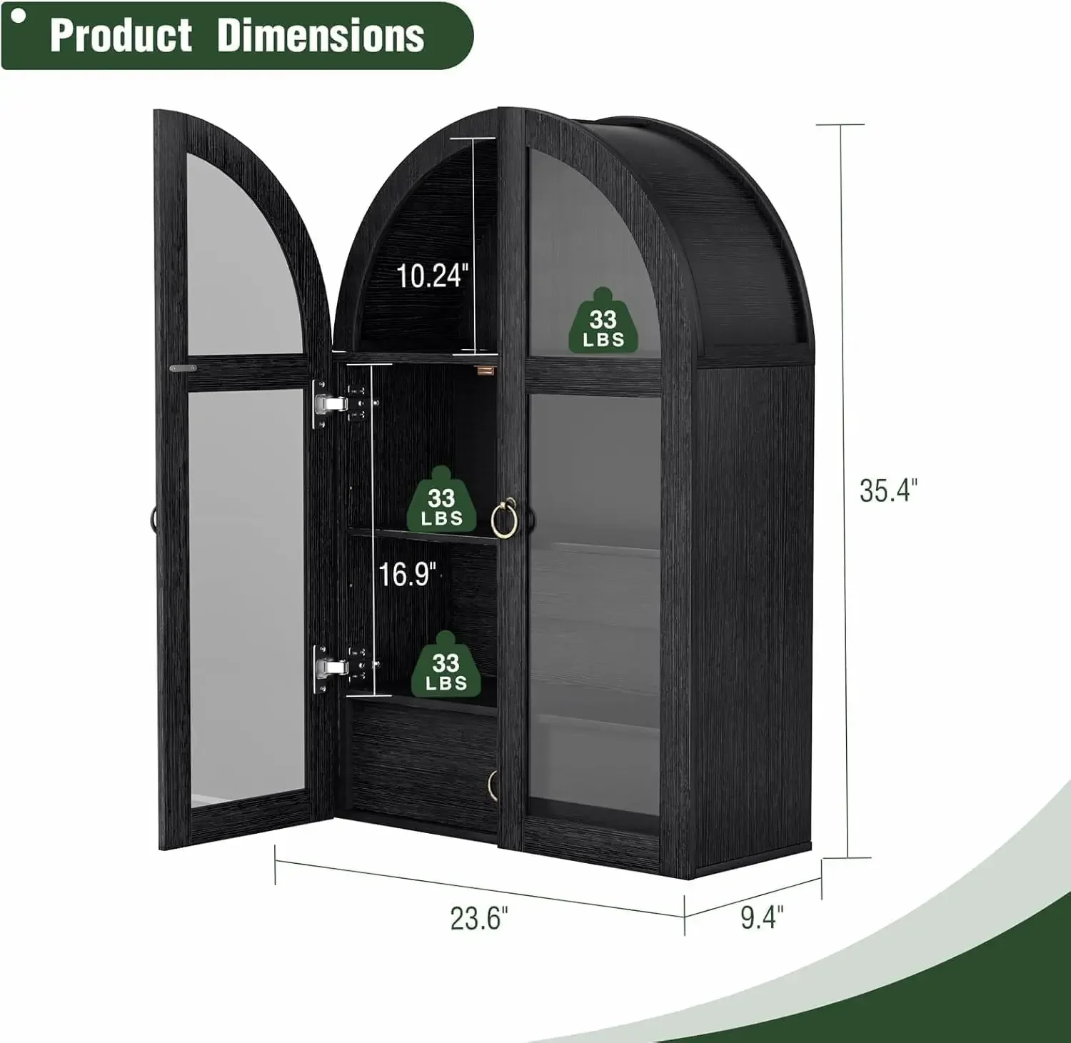Arched Wall Cabinet with Tempered Glass Doors, 23.5×31.4 Inch Hanging Storage Cabinet with Adjustable Shelf, Glass Display Cabin
