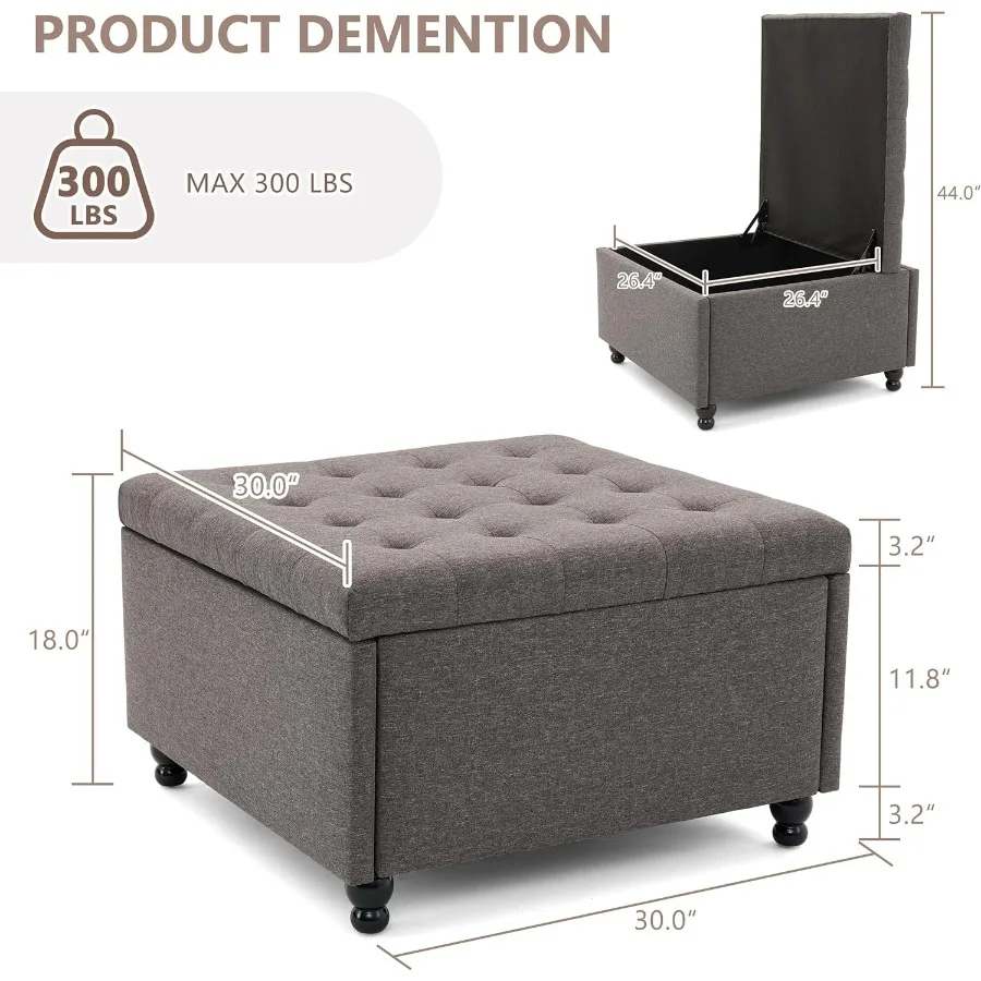 Mesa de centro otomana de almacenamiento cuadrada grande de 30 pulgadas con espacio de almacenamiento oculto Mesa de centro tapizada capitoné de gran tamaño en color oscuro G