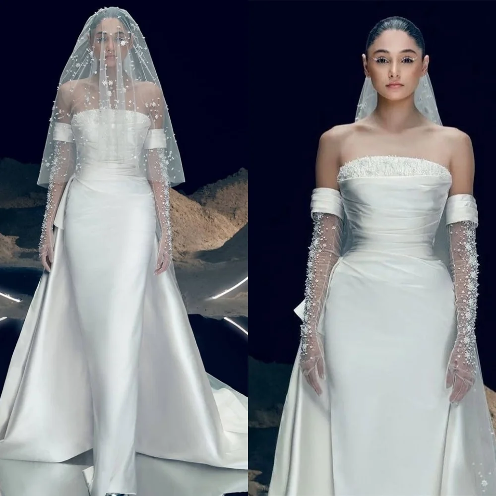 

Customized Sexy White Satin Wedding Dresses Simple Strapless Detachable Sleeve Long Sleeves Bridal Gowns Backless Mermaid Dress