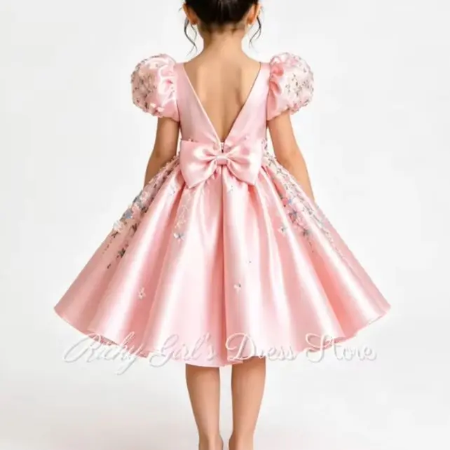 Customized Satin Pink Flower Girl Dress With Puff Sleeves 3d Floral Embroidered Wedding Party Gown Kids Birthday Gowns 2026