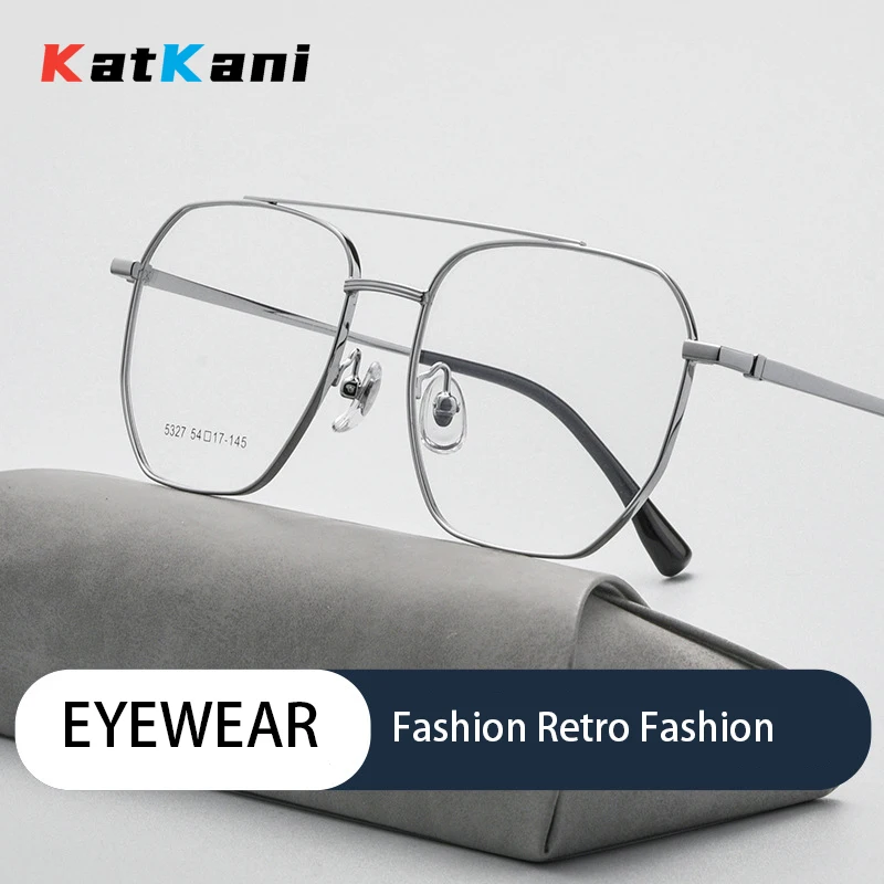 

KatKani New Fashion Trend Double Beam Pilot Alloy Eyewear Women Retro Myopia Optical Prescription Eyeglasses Frame Men 5327T