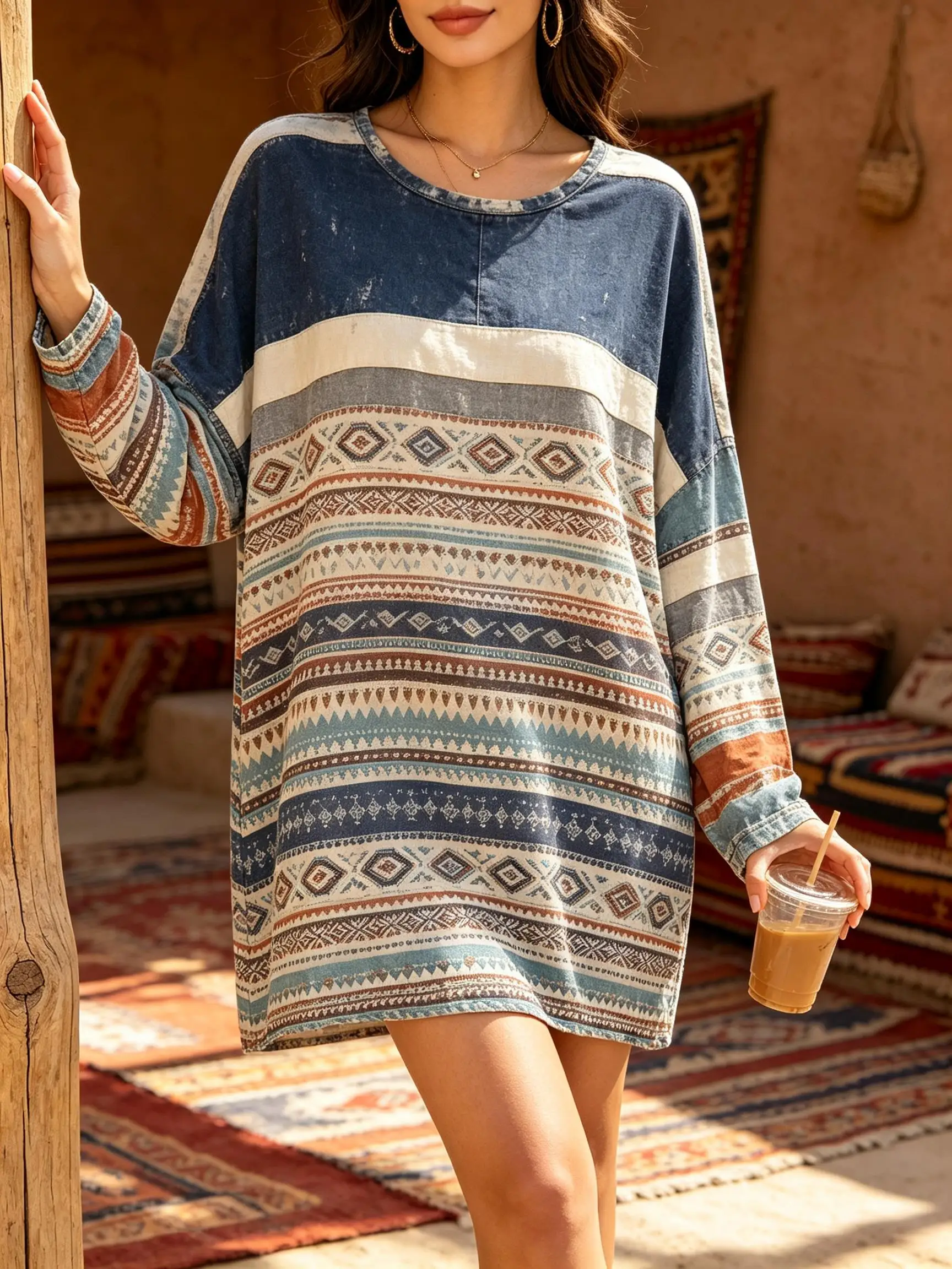 Women Crew Neck Long Sleeve Tunic Dress Vintage Faux Southwest Tribal Striped Flat Print Oversized Loose Mini