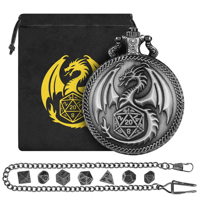 

7pcs/set Tiny Polyhedral DND Dice with Steampunk Dragon Pocket Watch Case Role Playing Game Dices Table Board Game Accessories