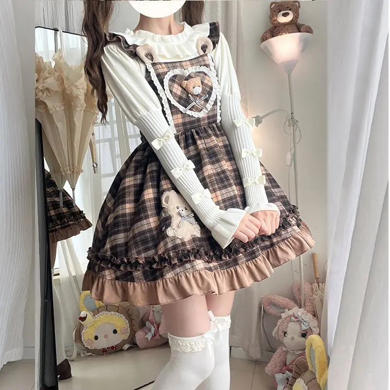 

Coalfell Little Bear осень/зима Coffee Meladson женское клетчатое платье в стиле Лолиты в стиле ретро на бретельках