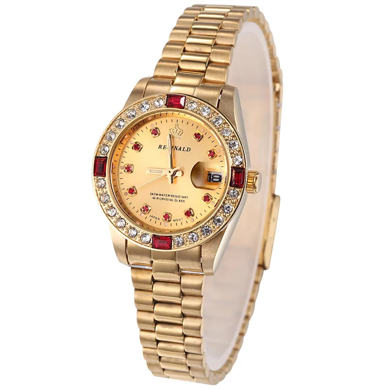 Fashion REGINALD Top Brand Full Golden Stainless Steel Watch Date Crystal Styles Ladies Dress Clock Water Proof Dress Wristwatch