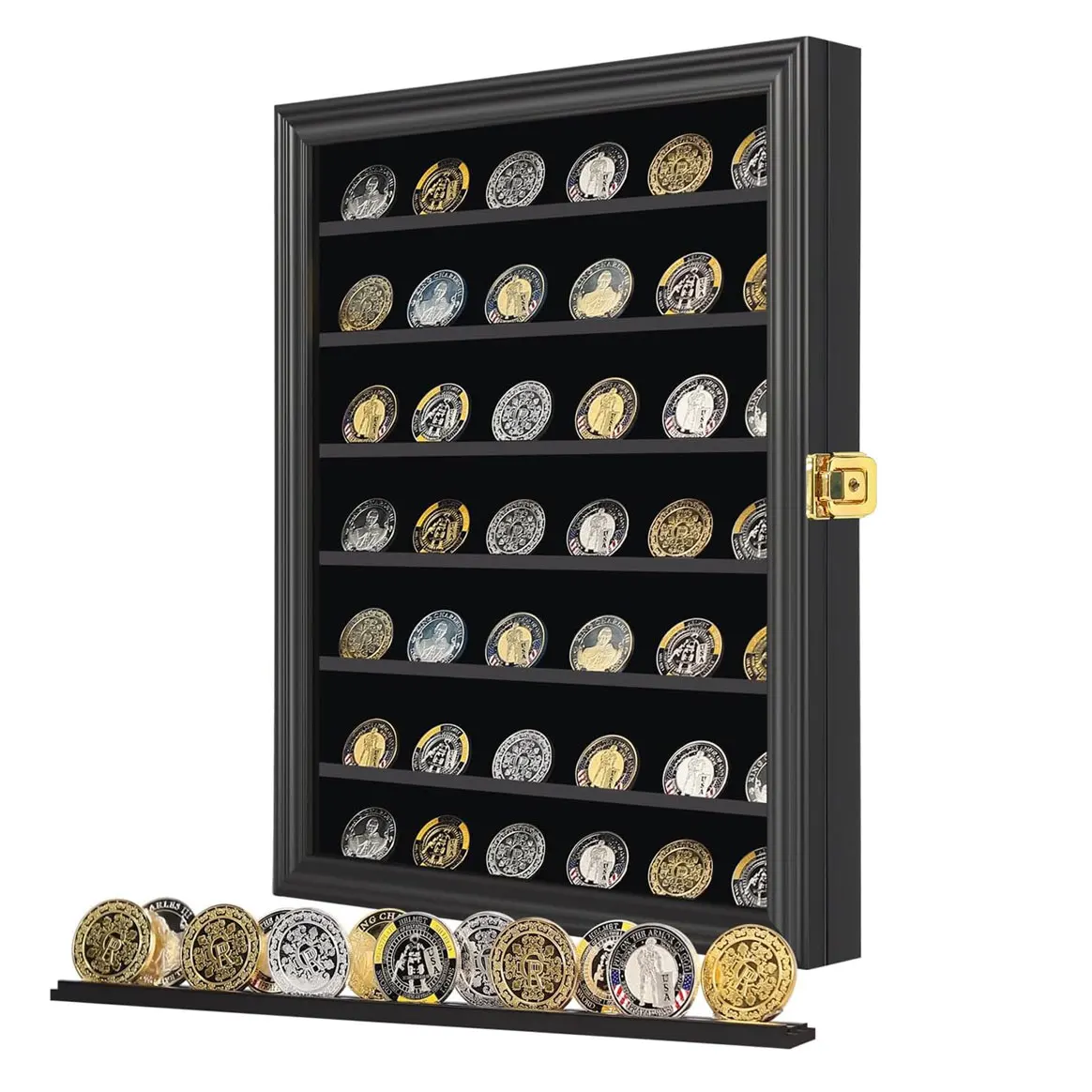 Military Challenge Coin Display Case Lockable Cabinet Rack Holder Shadow Box with Removable 2 Grooves Shelves and Anti Dust Door for Casino Poker Chips Collectibles