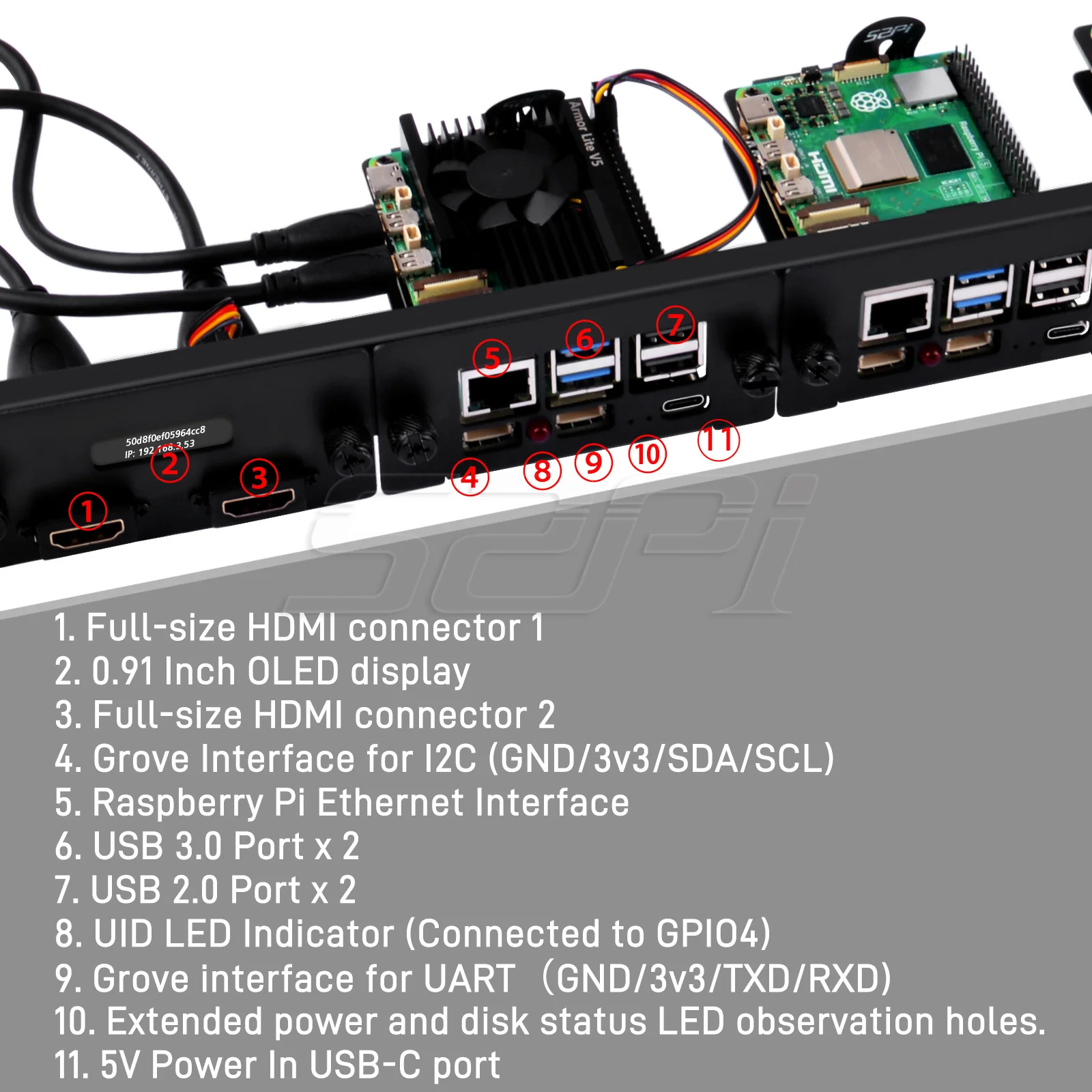 52Pi 1U Rackmount Steel Bracket Kit for Raspberry Pi 5 19 Inch 4 Slots M.2 NVMe SSD 2230/2242/2260/2280