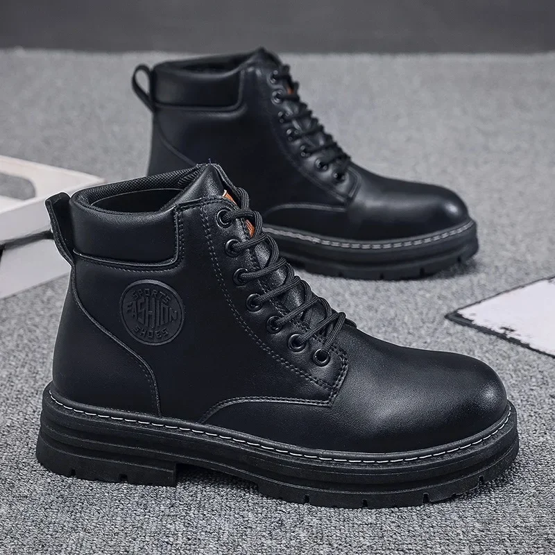 Men Trend High Top Boots Motorcycle Leather Boot Lace-Up Platform Working Shoes British Style Ankle Boots Outdoor Walking Boot