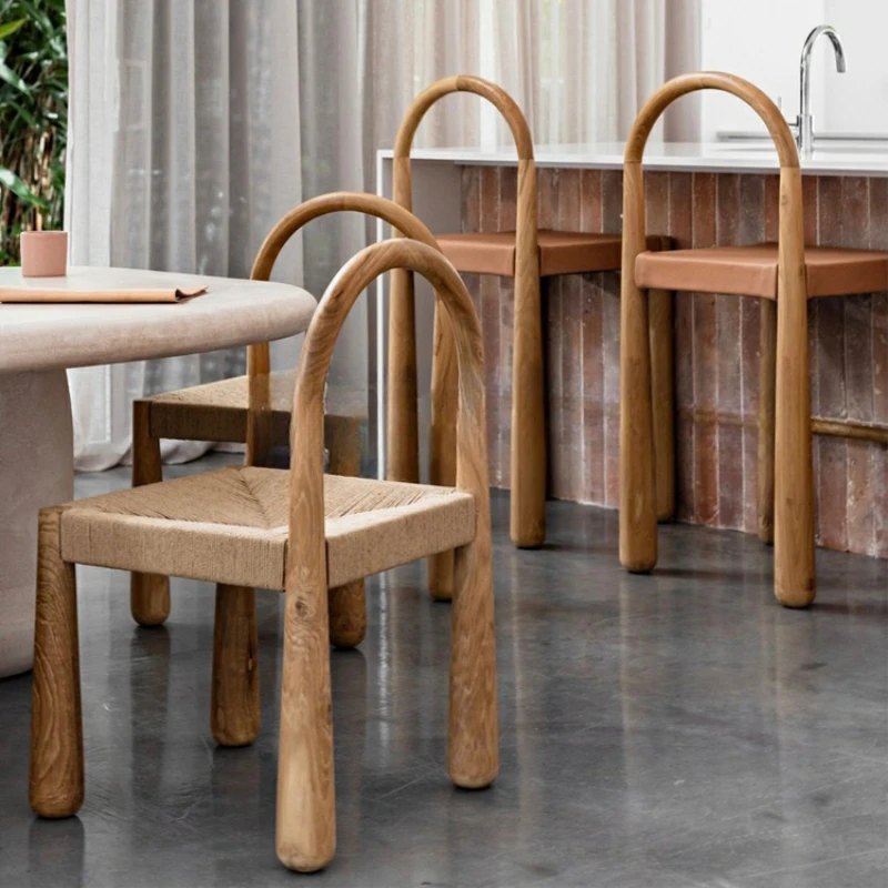 Medieval style dining chairs, home rattan weaving designers, solid wood bar chairs, minimalist high footed stools, quiet style