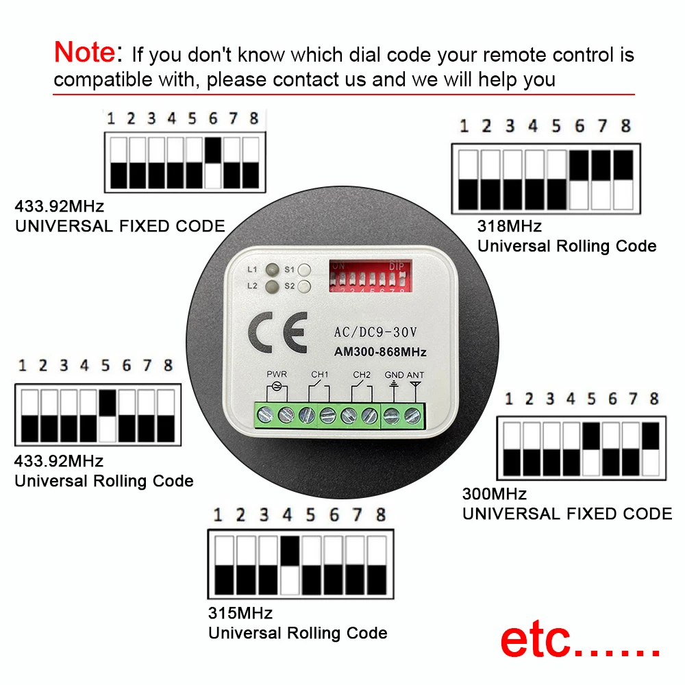 Garage Gate Remote Receiver 433 868MHz RX MULTI 300-900MHZ AC/DC 9-30V Receiver with Remote Control