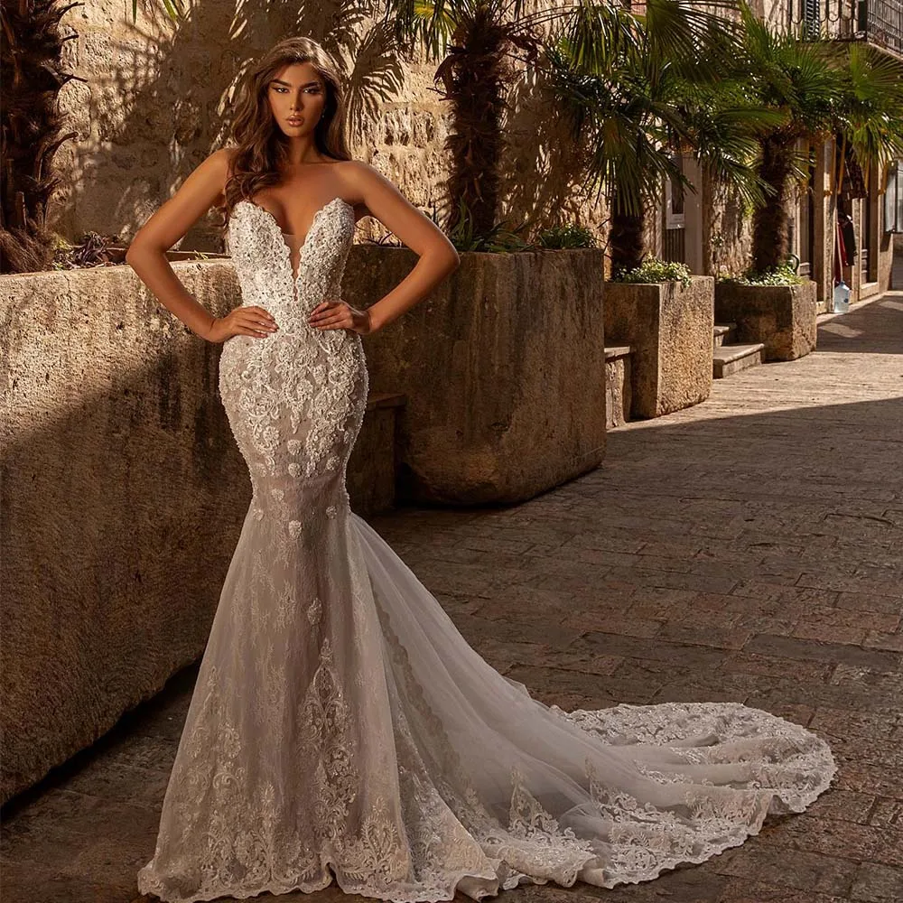

2023 Mermaid Wedding Dresses Sexy Sweetheart Backless Beads Applique Lace Bridal Gowns Custom Made Sweep Train Vestidos De Novia