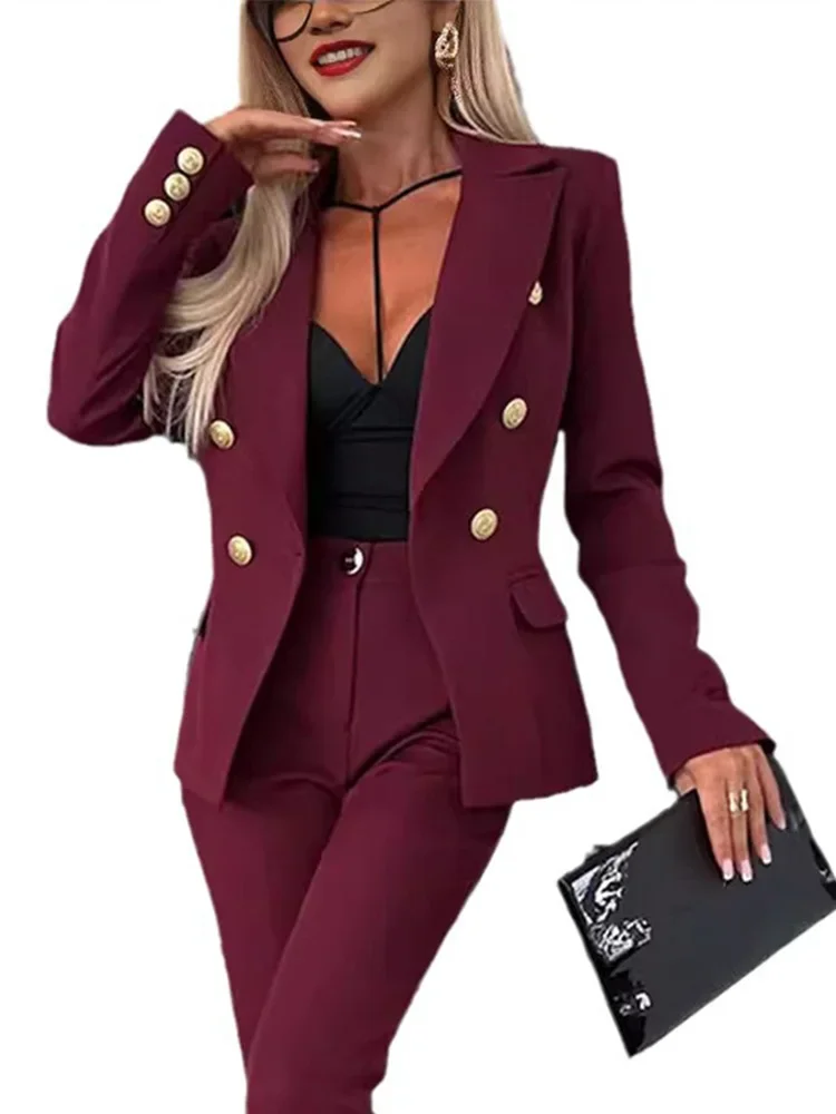 

Элегантный пиджак, брючный костюм, женский офисный двубортный комплект с лацканами и длинными рукавами, брюки с высокой талией, женский комплект 2024, осенняя женская верхняя одежда