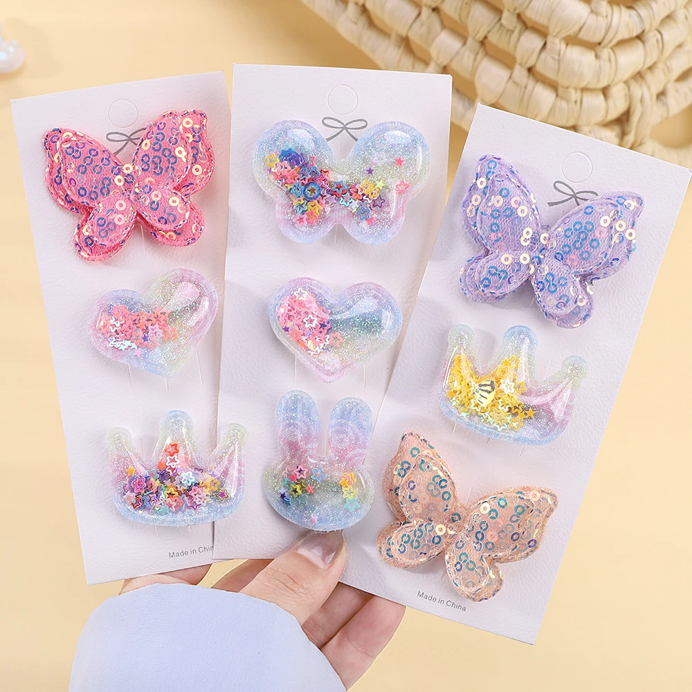 3/6pcs Children\'s Cartoon Hair Clip Set Rabbit Crown Flow Sofa Clip Sequin Butterfly Hairgripes Lovely Girls Hairpins Headwear