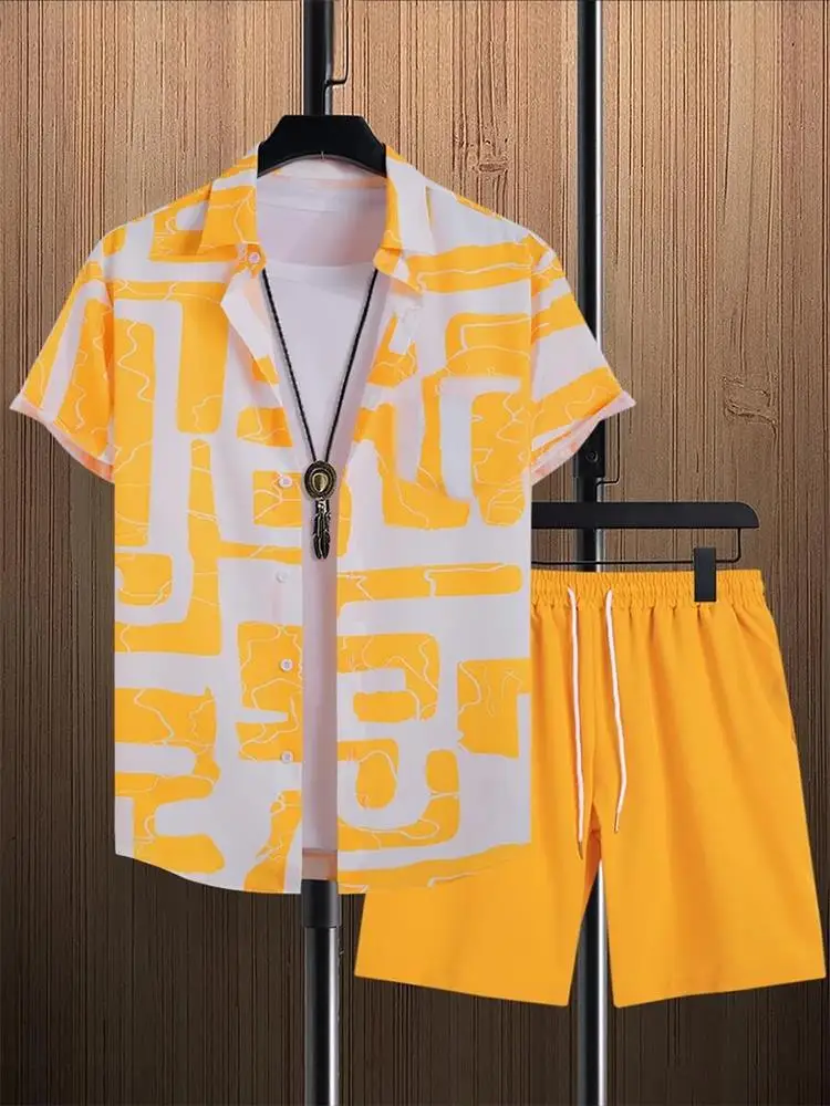 ملابس الشارع، بدلة هاواي، طقم قميص شاطئ مطبوع ثلاثي الأبعاد للرجال، قميص بأكمام قصيرة، شورت شاطئ كاجوال كبير الحجم #6