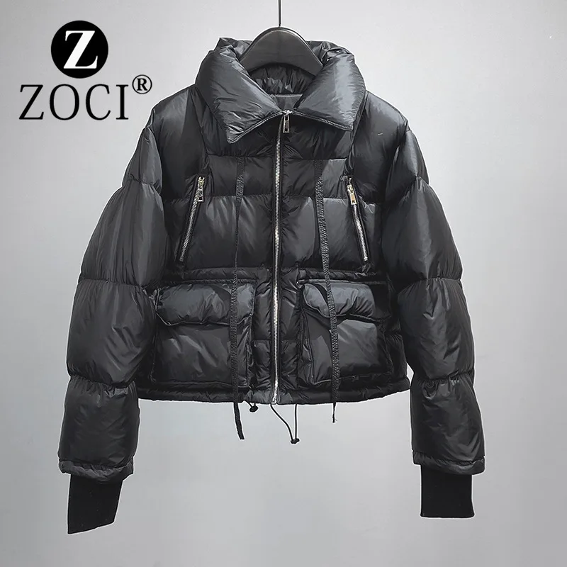 [ZOCI] Niche 2024 New Fashionable Bread Short Zipper Drawstring Tie Waist Down Jacket