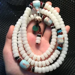 108 White Bodhi Root Beads Bracelet Lotus Mala Necklace Buddhist Prayer Strand Bracelets for Women Buddha Meditation Gift 9x6mm