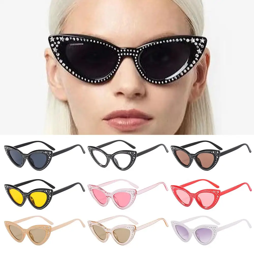 UV400 Y2K Eyewear Rhinestone Bling Shades Black Sunglasses Diamond Sun Glasses Stars Decor Cat Eye Sunglasses for Women