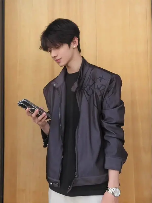 

Studded Embroidered Stand Collar Padded oulder Men's Jaet Trendy Retro American Motorcycle Sle Spring Autumn Outerwear