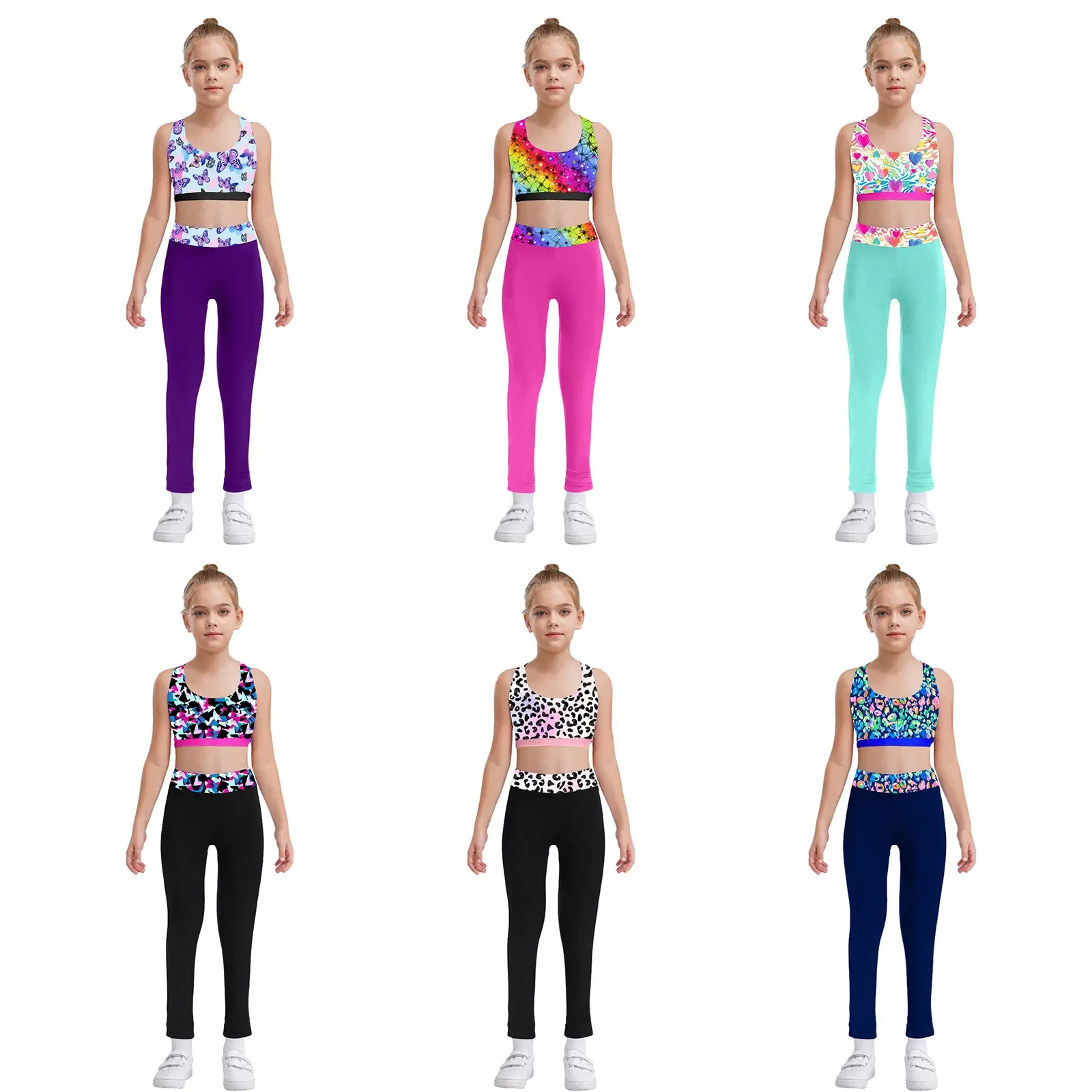 

6-16Y Children Girls Stylish Printed Tracksuit Moisture-Wicking Quick-Drying Sport Suit Sleeveless Cutout Back Vest with Pants