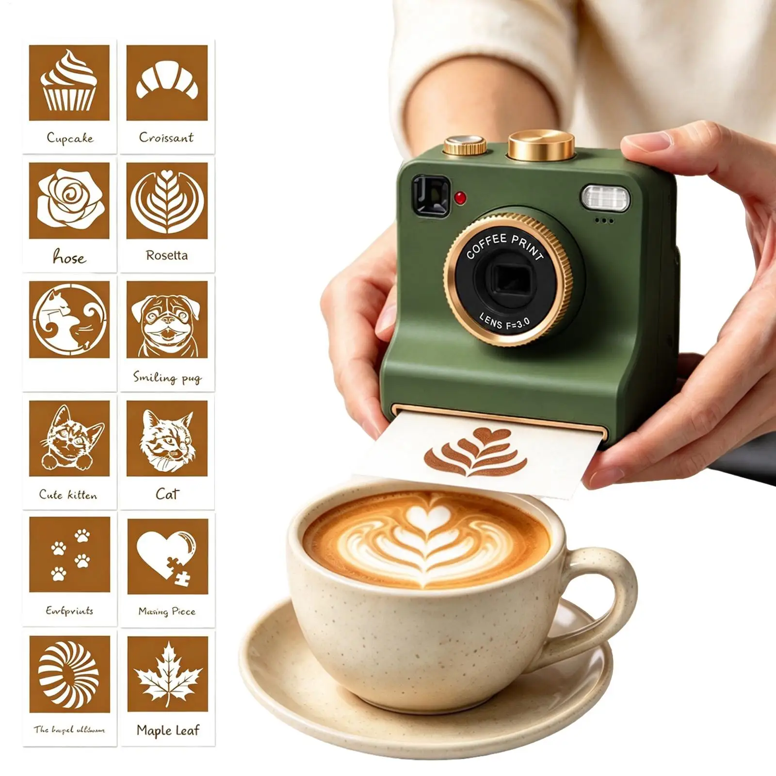 3D Printed Latte Art Camera Retro 3D Printing Cappuccino Foam Device Manual Coffee Stencil Maker Template Cards for Home Cafe