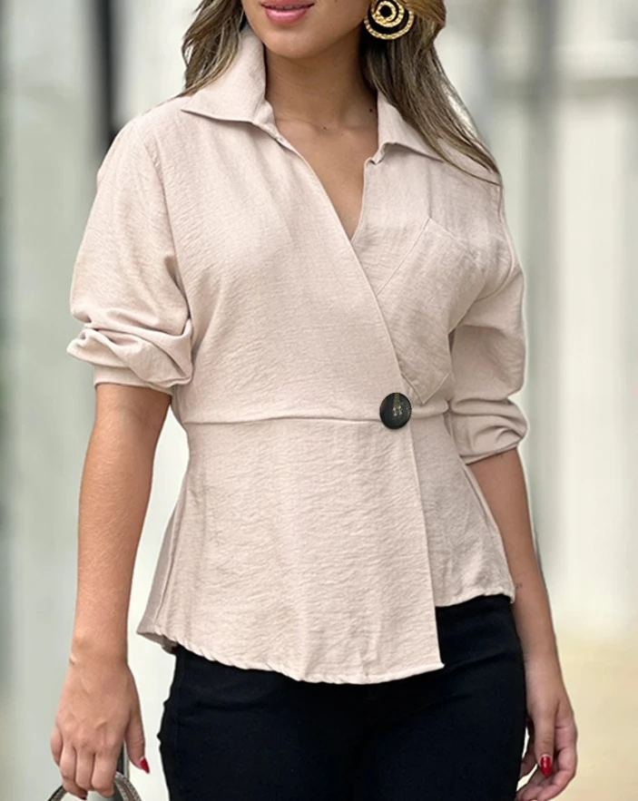 

Women Blouse Tops Casual Daily 2024 Spring Summer Fashion Solid Color Turn-down Collar Pocket Design Buttoned Long Sleeve Top