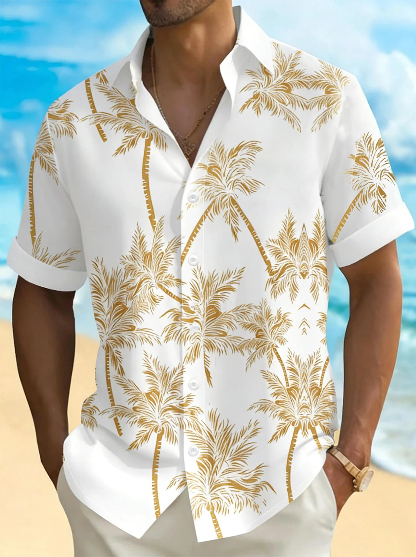 

Мужская рубашка премиум-класса с принтом пальм и золотыми элементами, с коротким рукавом, отложным воротником на пуговицах, для пляжа и отдыха на курорте