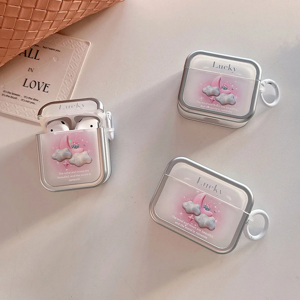 Pink Cloud Moon Flower  Floral Earphone Charging Box Case For AirPods Pro2 Pro 1 2 3 Cute Halo Dyeing Cover with Keyring Hook