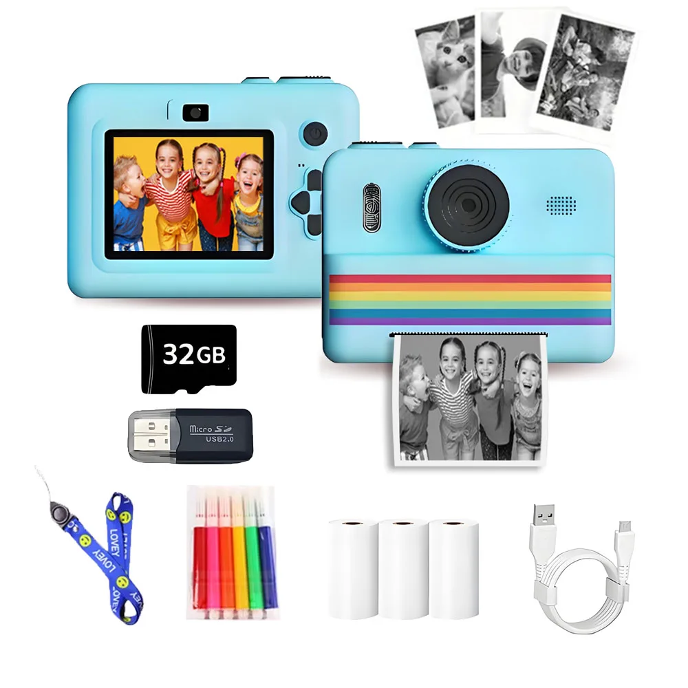

Children's Camera Instant Print Toy 2.8-Inch HD Screen With 32G Memory Card And 3 Rolls Of Printing Paper, Gift For Boys&Girls