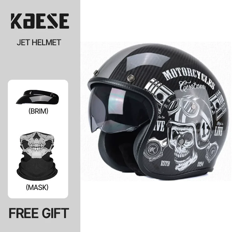 Personalized Custom 3/4 Open Face Motorcycle Helmet Carbon Fiber Skeleton Skull Graphic Dual Visor Men Women Scooter Helmet