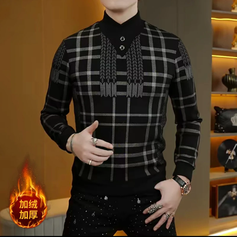 

Winter Classic Plaid Fleece Sweatshirt Men Long Sleeved V-neck Pullover Retro Casual Business Social Warm Sweatshirts