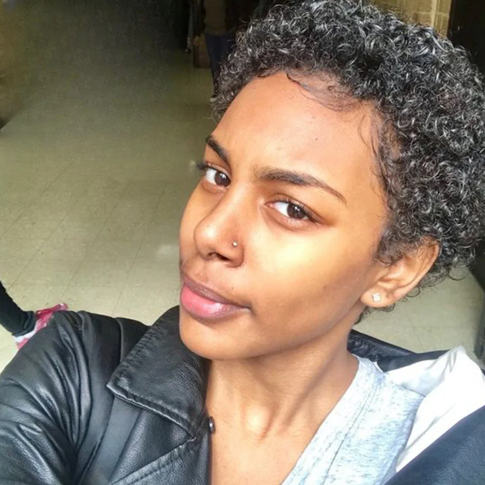 시크한 아프로 곱슬머리 인모 숏 풀 머신 메이드 가발 (여성용)